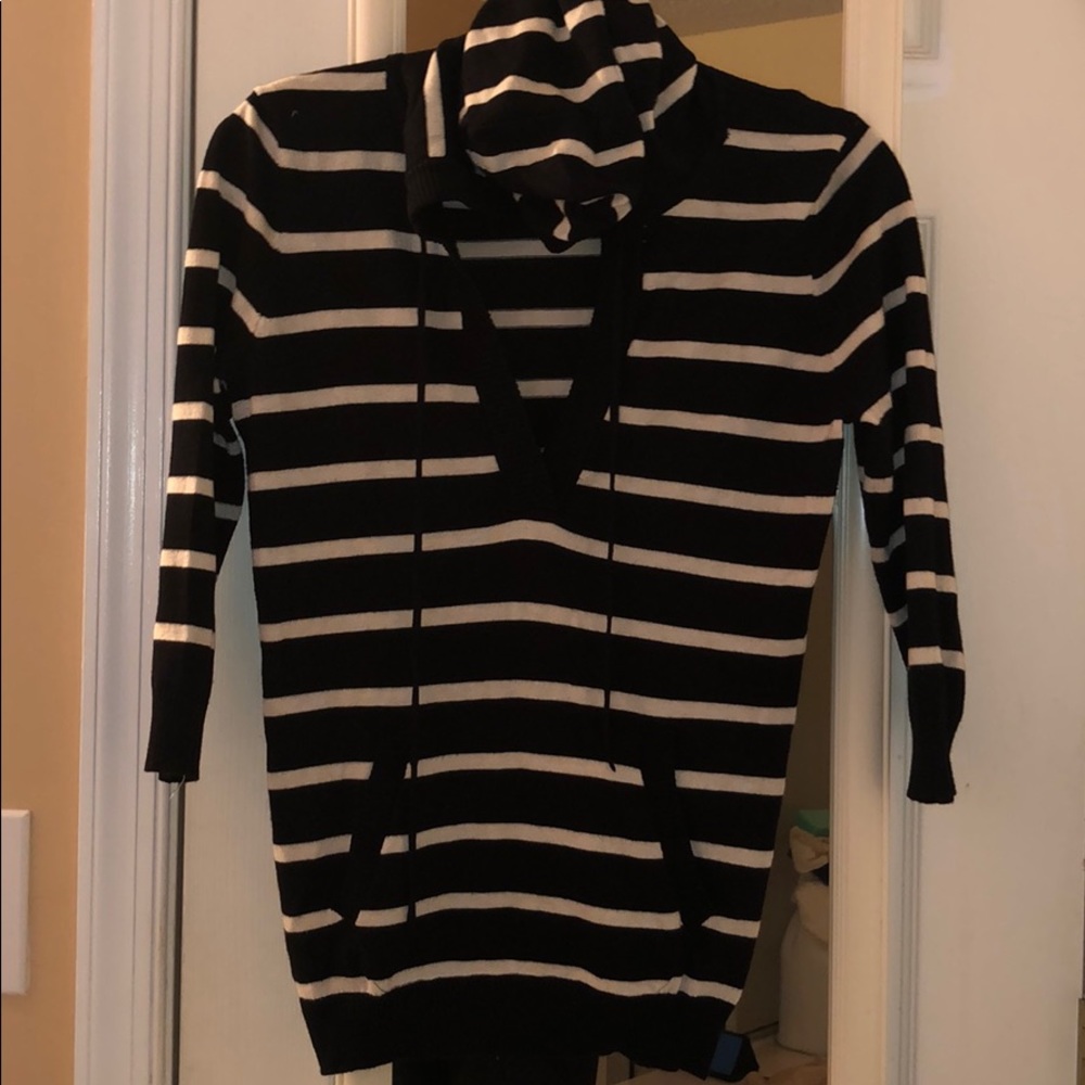 Black and Tan striped hooded v-neck